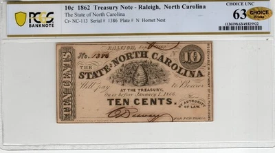 NC CR-113 1862 $0.10 North Carolina Paper Money - PCGS-B Choice Unc 63 - CHOICE - Image 1 of 2