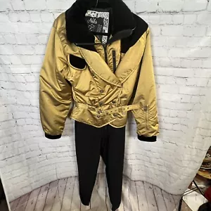 Vintage 80'S Nils Size 10 Gold Black Padded Shoulders Belted One Piece Ski Suit - Picture 1 of 10