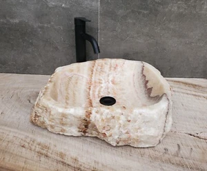 Fregadero de baño de recipiente de piedra, fregadero de lavabo de mano hecho a mano de ónix marrón de 17,5 x 17 pulgadas - Imagen 1 de 9