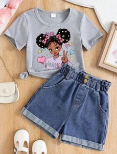 Süße Mädchen Kurzarm T-Shirt & Jeansshorts Zwei Set,  Gr.104/110, Neu - Bild 1 von 5