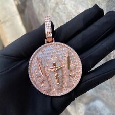 3AAA+ CZ Ice Out Hop Hip Gun Jesus Big Circle Pendant Chain 24k Real Gold Plated