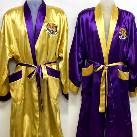 1 Vtg LSU Tigers Reversible Belted Satin Unisex Boxer Robe w/Embroidered Patches Cover