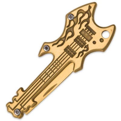 ROCKER FLAMING GUITAR POCKET KNIFE KEYCHAIN RAINBOW GOLD SATIN 1 OR ALL U PICK - Image 1 of 4