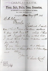 Vintage 1881 Charles Keith Dealer Hand Signed Letterhead - Greenfield Mass - Picture 1 of 1