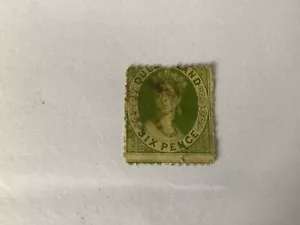 Queensland 1860-81 6d Green Chalon used tear in middle - Picture 1 of 2