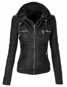 Women's Black Biker Motorcycle Stylish Real Leather Jacket Coat - Detach Hoodie - Picture 1 of 3