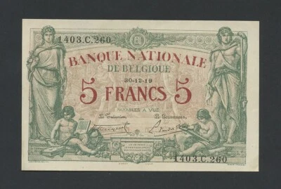 BELGIUM 5 francs 1919 Krause 75b Banknotes — 第 1/2 张图片
