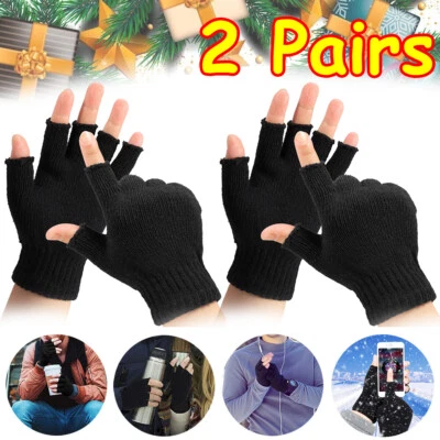 2 pares de guantes térmicos tejidos sin dedos invierno cálidos medio dedo guantes de conducción Foto 1 de 4
