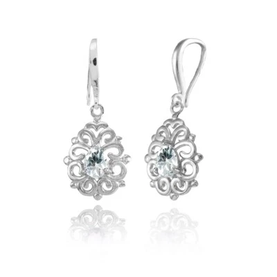 Dainty 6x4mm Teardrop Aquamarine Filigree Dangle Earrings in Sterling Silver - Image 1 of 4