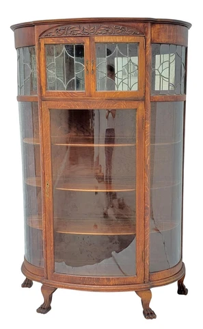 Victorian Oak Bowed Curved Glass China Cabinet with Leaded Glass & Claw Feet Cover