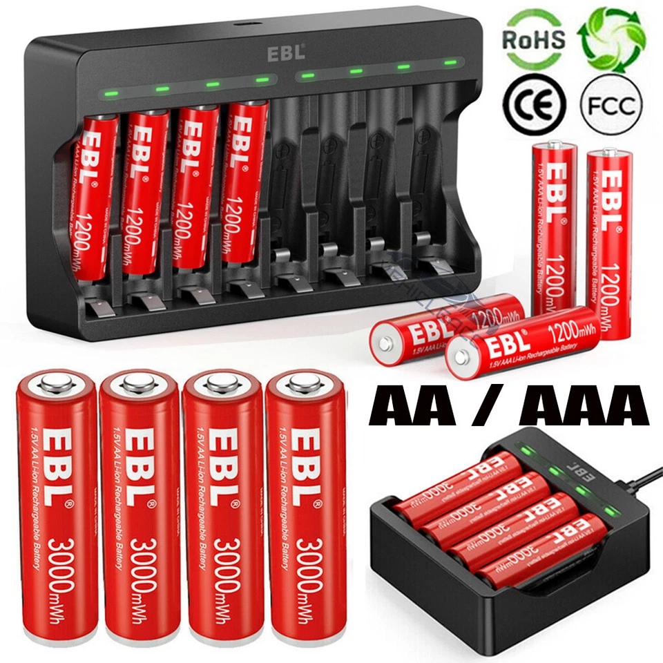 Lote de baterías recargables de litio/cargador de batería de iones de litio EBL 1,5 V AA AAA Foto 1 de 4