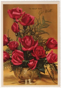 Vintage Mid Century rote Rosen goldene Vase gestanzt Gut werden Grußkarte vorne - Bild 1 von 2