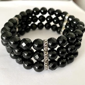 BLACK AGATE STRETCH BRACELET 925 STERLING SILVER TRIPLE STRAND GEMSTONES - Picture 1 of 3