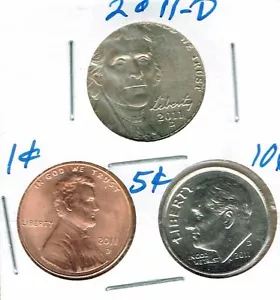 2011 Three Denver Brilliant Uncirculated Business Strike Cent, Nickel,Dime Coins - Picture 1 of 2