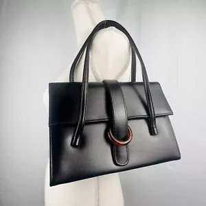 Vintage Kadin Black Leather Top Handle Handbag 1970s Purse Snap Tortoise Lucite - Picture 1 of 19