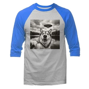 Funny Scared Husky Dog Selfie with UFO – Humorous Alien 3/4 Sleeve Raglan - Picture 1 of 10