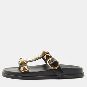 Valentino Black Leather Roman Stud Flat Slide Sandals Size 36 - Picture 1 of 9