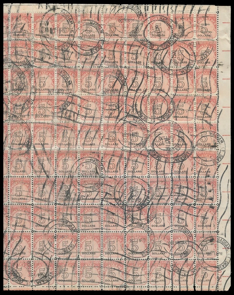 USA Sc. #J101, $5.00 FULL SHEET OF 100, STRONGLY SHIFTED TO THE LEFT, USED - Image 1 of 4