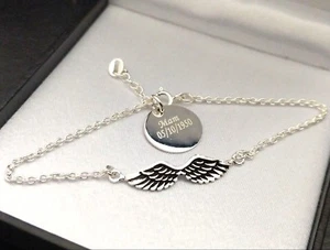 925 Silver Angel Wing Personalised Memorial Charm Bracelet 7", Remembrance Gift - Picture 1 of 5