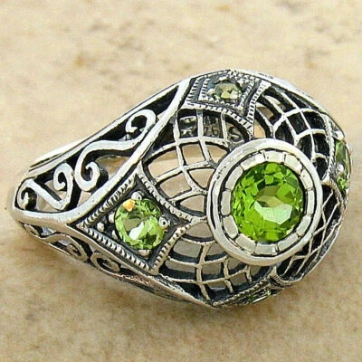 NATURAL PERIDOT 925 STERLING SILVER ANTIQUE STYLE FILIGREE DOME RING        580Z - Image 1 of 4