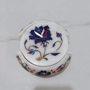 Handmade White Marble Coasters Set of 6 – Floral Inlay with Semi-Precious Stones - Picture 1 of 3