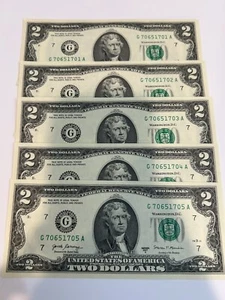 5 nuevos billetes de dólar secuenciales de $2 (dos) consecutivos sin circular --BEP 2017 nítidos - Imagen 1 de 3