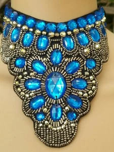 NEW HANDMADE BLACK BLUE GREY BEADS EMBROIDERY BLACK RIBBON NECKLACE - Picture 1 of 12