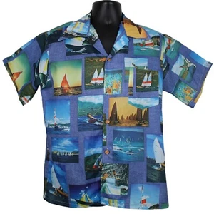 Hobie Catamaran Sailing Hawaiian Aloha Shirt Blue Medium All Over Pictures Vtg - Picture 1 of 8