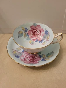 PARAGON Double Warrant Cabbage Rose Teacup & Saucer Light Blue Background - Picture 1 of 8