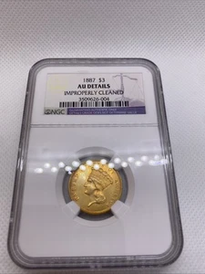 Moneda de oro india de tres dólares de 1887 NGC AU detalle RARA BAJA de colección - Imagen 1 de 13
