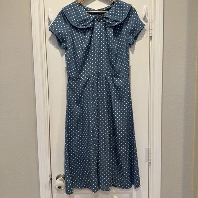 Hell Bunny Ingred Midi Dress Women’s L Blue White Polka Dot Retro Rockabilly - Image 1 of 4