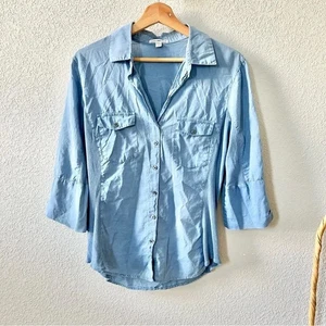 Camicia James Perse Sheer Slub pannello laterale taglia 4, XL blu 100% cotone bottoni davanti - Foto 1 di 8