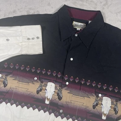 Express Rider Aztec Bull Skull Pearl Snap White Shirt Mens Large Rodeo Cowboy - Image 1 of 4