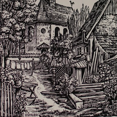 Willi Döhler Beim Winterkirchlein Dorfansicht Original Holzschnitt Anfang 20 Jhd - Bild 1 von 4