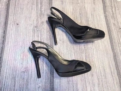 Stuart Weitzman Black Satin Heels Peep Toe Sling Back Size 6.5 Leather Soles - Image 1 of 4