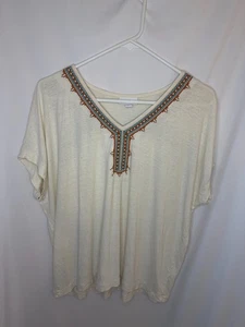 J Jill Top Tee Shirt soft cream Linen Viscose Embroidered V Neck sz M Western - Picture 1 of 4