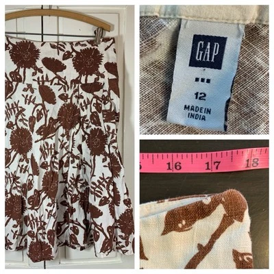 Saia feminina vintage de linho Gap 12 marrom babado costeiro floral preppy escritório midi - Imagem 1 de 4