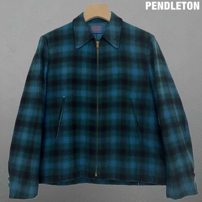 Pendleton 60s Vintage Wool Zip Jacket Bar TALON USA Made Green Blue Plaid L - Image 1 of 4