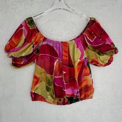 Top corto FARM Rio for Anthropologie manga abullonada con hombros descubiertos XS abstracto floral Foto 1 de 4