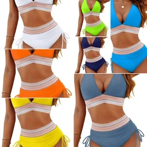 2Piece Womens Color Block Swimsuits Tummy Control High Waisted Bikini Sets - Picture 1 of 21