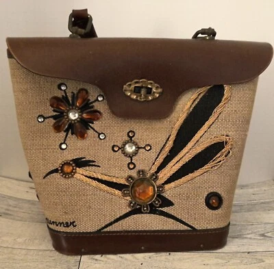 Cartera de lona Enid Collins vintage de los años 60 con borde marrón oscuro--Road Runner Foto 1 de 4