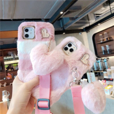 Bling Faux Rabbit Fur Plush Fluffy Soft Phone Case For Honor + Crossbody Lanyard - Image 1 of 4