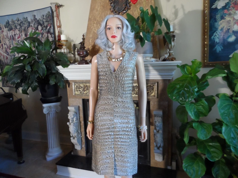 Vestido Stella McCartney Beige Multi Cocodrilo Estampado Jacquard Cuello en V Línea A Talla 40-4 Foto 1 de 4