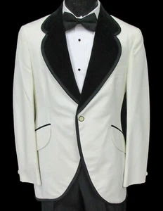 Men's Vintage Ivory Tuxedo Jacket with Velvet Lapels Retro 1970s Groom Prom 38L - Picture 1 of 4