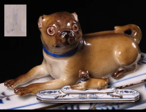 Rare Antique Old Meissen Pug Dog - Handpainted Porcelain Figurine Paperweight - Picture 1 of 10
