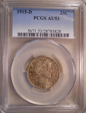 1915-D AU53 Certified by PCGS as AU53 Barber Quarter 25 Cent Silver Coin C A06 Cover