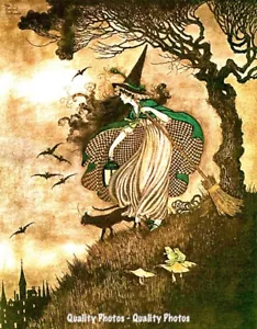 Hexe im Wald mit Katze 8,5x11" Fotodruck Ida Rentoul Outhwaite Fantasy Kunstwerk - Bild 1 von 2