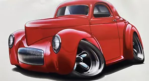 1941 Willys Cool Red 327 Street Rod 24” Long Graphic Wall Decal. Peel & Stick. - Picture 1 of 5