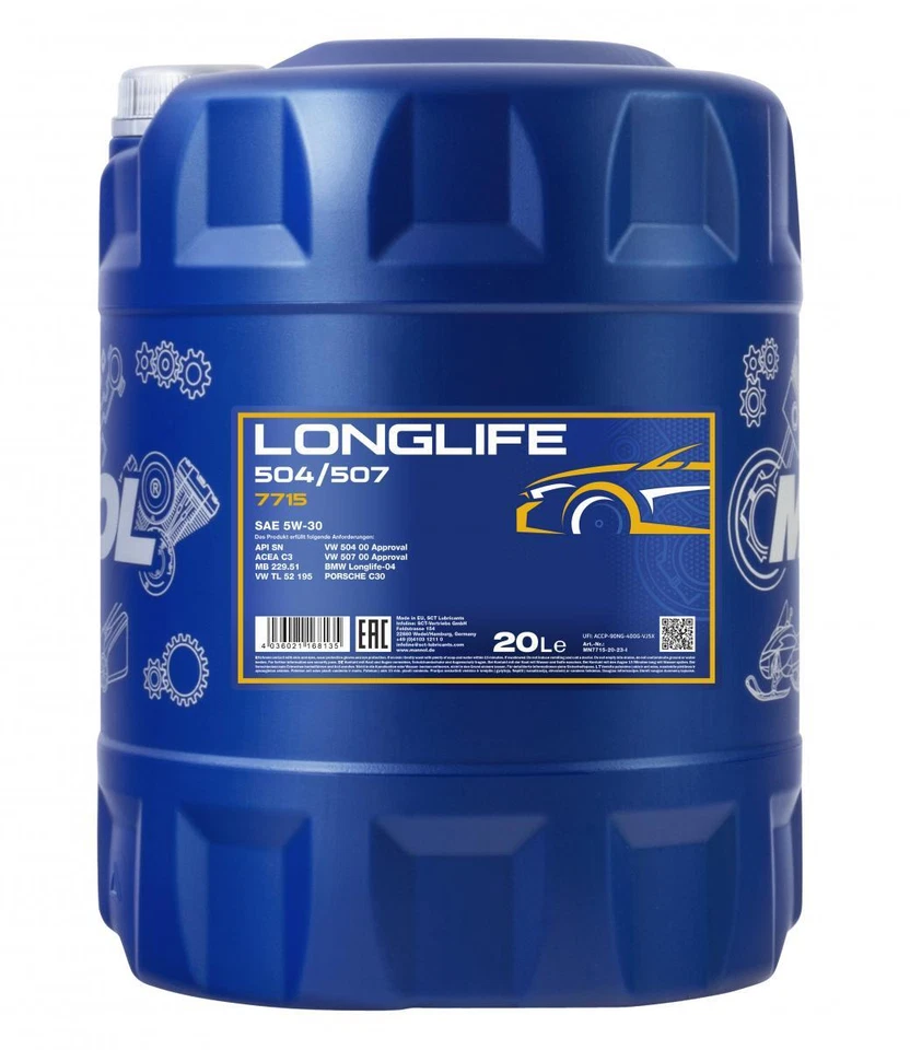 20 Liter MANNOL Longlife 504/507 5W-30 Motoröl API SN ACEA C3 7715 synthetic - Bild 1 von 2