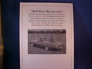 1962 Ford THUNDERBIRD factory cost/dealer retail sticker pricing of cars+options - Picture 1 of 1